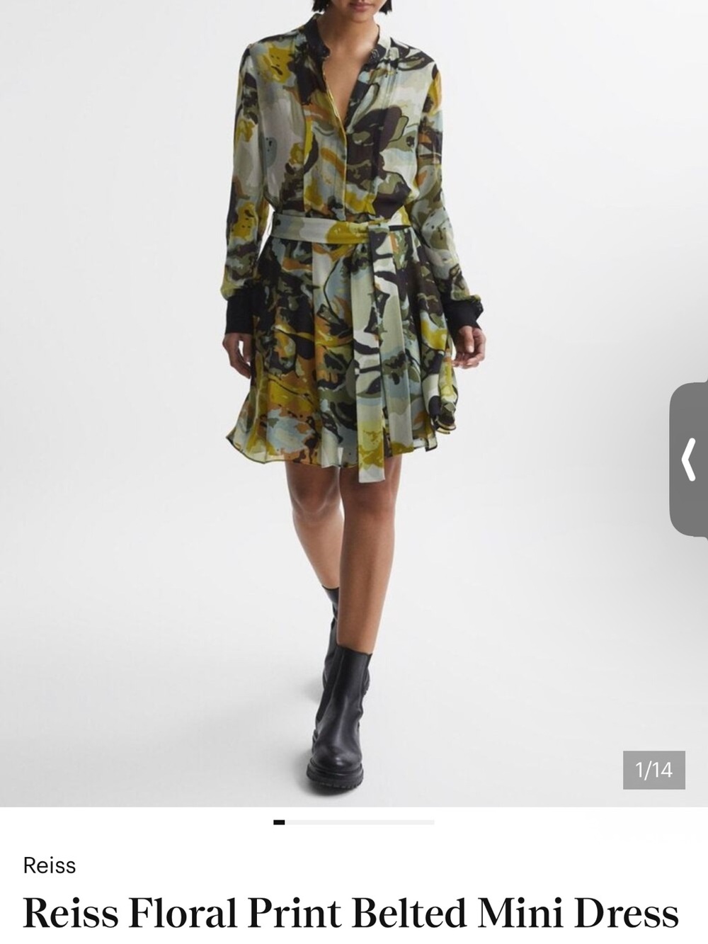 Reiss Olive and Yellow Floral Belted Mini Skirt